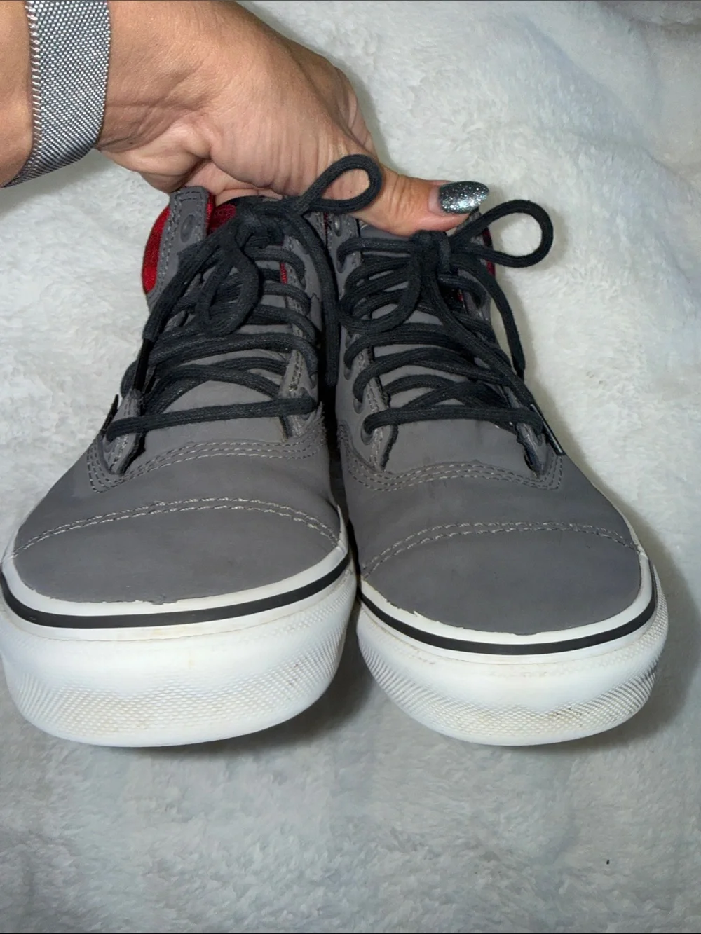 Vans Era Hi MTE Kids Grey High-Top Sneakers with Red Plaid Collar